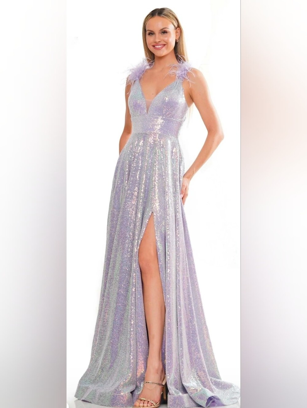 Colors NWT Lilac Iridescent Sequin Gown Feather Straps Maxi Ball Gown Size 2